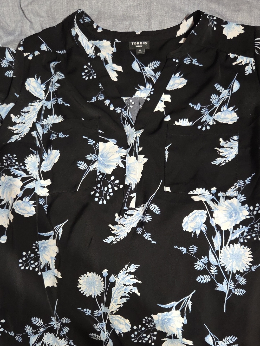 torrid Black Blouse with Light Blue & White Floral Print